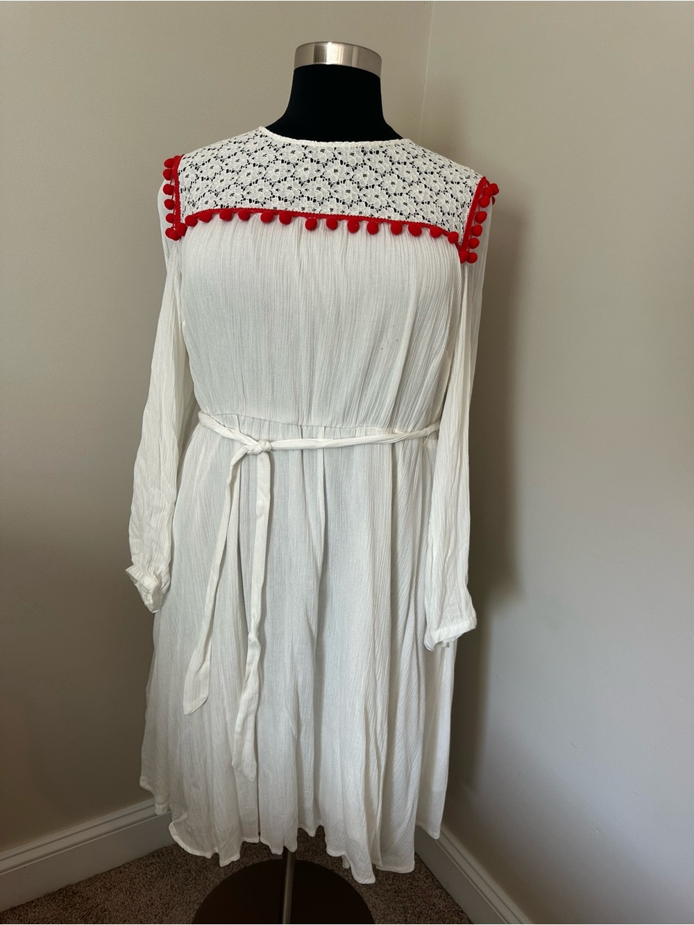 Eloquii White Long-Sleeve Boho Dress with Red Tassles